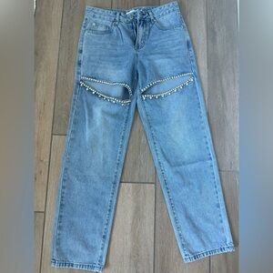 Torn by Ronny Kobo Light Blue Embellished Straight Leg Jeans